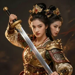 double heads Apsaras warrior with sword ,traditional Chinese textures, hyper detailed, by Brook Shaden