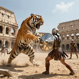 incredible screenshot, huge Siberian tiger attacking a roman gladiator holding a reflective silver circle shield defensive fighting in a sandy arena in the  Colosseum,  dynamic camera angle, deep 3 point perspective, fish eye, dynamic scene, by phil hale, ashley wood, geoff darrow, james jean, craig mullins, Jean-Leon Gerome, 8k, hd, high resolution print