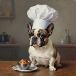 surrealistic oil painting of a french bulldog chef