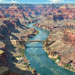 concept art painting of a grand canyon filled to the top with water, giant river, with unfinished bridge under construction, realistic, detailed, cel shaded, in the style of makoto shinkai and greg rutkowski and james gurney