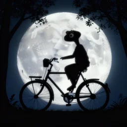 e. t. bike moon silhouette, from the movie e. t. the extra terrestrial, trees silhouette in foreground, cinematic frame, hd