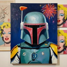 hyperrealism portrait of the boba fett, fireworks and stars on the background, canvas, acrylic paint, by roy liechtestein, by andy warhol, traditional chinese art, pop art, 4 k