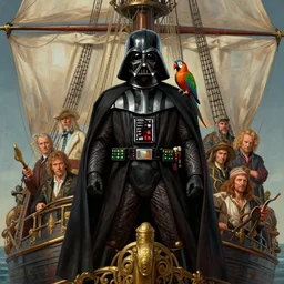 portrait shot of darth vader dressed like a pirate!! with a parrot on his shoulder standing on a ship, intricate, elegant, highly detailed, centered, digital painting, artstation, concept art, smooth, sharp focus, illustration, artgerm, tomasz alen kopera, peter mohrbacher, donato giancola, joseph christian leyendecker, wlop, boris vallejo