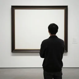 recursive person seen from behind standing in an empty gallery contemplating over a frame hanging at the opposite wall, photo taken with provia 1967