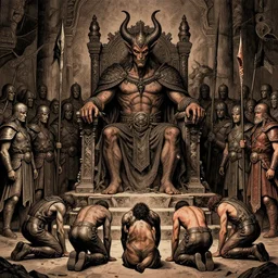 Gigantic Satan sits on his throne , while his soldiers stand watch , humans bow on their knees , concept art, detailed intricate ink illustration, dark atmosphere, detailed illustration, hd, 4k, digital art, overdetailed art, concept art, by greg rutkowski, by loish, complementing colors, Trending on artstation, deviantart