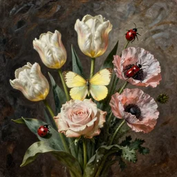 bouquet of tulips, roses and an opium poppy, with a pale clouded yellow butterfly, a red longhorn beetle and a sevenspotted ladybug by flemish - born painter gerard van spaendonck, alexander marshal, oil on marble