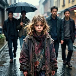 rainy street, homeless girl portrait, m messy bleached hair, torn clothes, richard avedon, martin schoeller, victor ngai, id magazine, epic scene, david cronenberg, kilian eng vibrant colours, billowing, dramatic, dynamic lighting, intricate illustration, detailed, beksinski, dan mumford, artstation, greg rutkowski, sharp focus, photoreal, 8 k