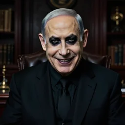 Gothic portrait of Benjamin Netanyahu grinning in a dark office, black make up, detailed