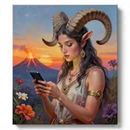 horned ram goddess, checking her cell phone, painting by josephine wall, erupting volcano in distance, sunset, flowers in foreground, zodiac, fantasy acrylic on canvas, intricately detailed, highly detailed, high resolution, hdr, 8 k, by senior concept artist, trending on artstation