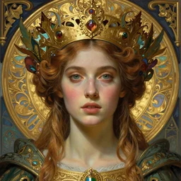 detailed realistic beautiful young medieval queen face portrait by jean delville, tom bagshaw, brooke shaden, gustave dore and marco mazzoni, art nouveau, symbolist, visionary, gothic, pre - raphaelite, ornate gilded medieval icon, surreality, ethereal, unearthly, haunting, celestial, neo - gothic