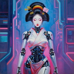 a beautiful painting symmetrical cyberpunk neon future japanese woman geisha robot by jan vermeer realistic oil painting