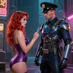 sheriff and a girl, street deal, cheap contiousness, pinup, neon, alterd carbon, mech suit, fibonacci, sweat drops, insane, intricate, highly detailed, digital painting, artstation, concept art, smooth, sharp focus, illustration, Unreal Engine 5, 8K, art by artgerm and greg rutkowski and alphonse mucha
