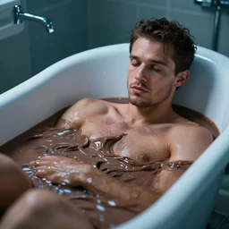 man bathing in a tub full of nutella, dslr, 8 k, octane beautifully detailed render, cold lighting, cinematic lighting, detailed photo, masterpiece, volumetric lighting, ultra realistic, highly detailed, high quality, lossless, photorealistic