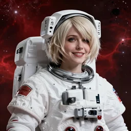 highly detailed portrait of a hopeful pretty astronaut lady with a wavy blonde hair, by Bella Kotak, 4k resolution, nier:automata inspired, bravely default inspired, vibrant but dreary but upflifting red, black and white color scheme!!! ((Space nebula background))