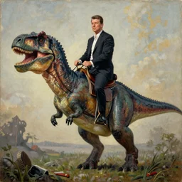 Ronald Reagan riding a t Rex oil on canvas