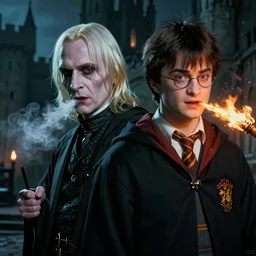 portrait of voldemort and harry potter, exudes terror, castle, mysterious breath, spitfire, photography, hyperrealistic, by greg rutkowski, smooth, illustration, elegant, artstation, digital painting.