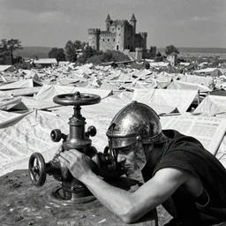 metal valves on head punishment, lean man, metal helmet, distant landscape covered in sheets, castle, black and white, carravaggio, giger, beksinski, bruegel, horror