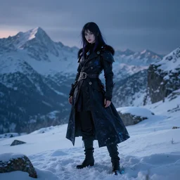 raven alchemist girl in the snowy mountains. complementary colors, indie concept art, luminescent, 4 k, chiaroscuro, rimlight.