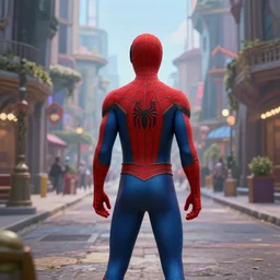 the back of the spiderman standing in the streets of a fantastical fantasy city, extremely detailed and photorealistic, 8k