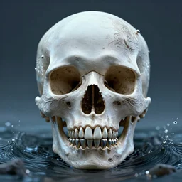 a skull emerging from the ocean, intricate abstract. sharp teeth. delicate artwork. by tooth wu, wlop, beeple, dan mumford. octane render, trending on artstation, greg rutkowski very coherent symmetrical artwork. cinematic, hyper realism, high detail, octane render, 8 k, depth of field, bokeh. chrome accents.