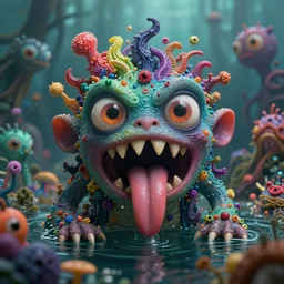 intricate colourful murky with strange cute friendly angry crazy creatures with huge beauty eyes 9 long tongue triangle teeth and scary face appearing from the water, in the style of craola, shallow depth of field, highly detailed, digital painting, trending artstation, concept art, illustration, cinematic lighting, vibrant colors, photorealism, epic, octane render
