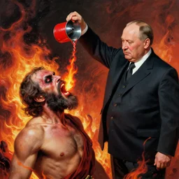 president boris yeltsin pours red - hot lead into the mouth of a sinner in hell, infernal art in color
