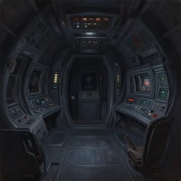 hyperrealism oil painting, complete darkness, alien movie high detailed spaceship interior, soft light, in style of classicism mixed with 8 0 s japanese sci - fi books art