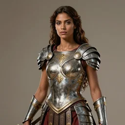 adriana chechik as an amazon warrior, a tall beautiful woman with brown skin and long hair, dressed in hellenistic body armor, intricate, elegant, highly detailed, smooth, sharp focus, detailed face, art by ardian syaf