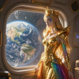 a photo of 8k ultra realistic corrupted rainbow humanoid queen standing next to a spaceship window overlooking earth, swarm of transparent glass shards, D&D, fantasy, cinematic lighting, highly detailed, digital painting, artstation, concept art, smooth, sharp focus, illustration, warm light, cozy warm tint, magic the gathering artwork, volumetric lighting, 8k, no gold, no gold colours, art by Akihiko Yoshida, Greg Rutkowski