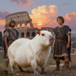 white capybara in roman empire, surreal photography, sunrise dramatic light, impressionist painting, colorful clouds, digital painting, artstation, kilian eng, john harris, bastien lecouffe - deharme, simon stalenhag, flower face