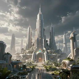 nature covered sci-fi city, magical