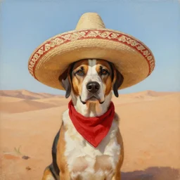 Oil painting of a doge wearing a sombrero and a red neckerchief in the desert