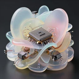 a complex mysterious sci - fi machine, made from transistors, led, wire, macro photography, translucent pastel panels, smooth stylized shapes, embedded in clear epoxy, macro, overlapping layers, hyper - realistic vfx render