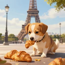 dog eating croissants in paris, artstation