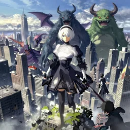 monsters destroying the city by makoto shinkai, nier automata environment concept artstyle, greg rutkowski and krenzcushart