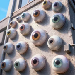 human eyeballs on a wall of a building, digital art. surreal. trending on art station. HD, 8K, good lighting. beautiful. epic., vibrant color, horror, horror, horror, horror, octane render