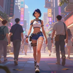 d. va from overwatch, walking through a busy city, extremely detailed digital painting, in the style of fenghua zhong and ruan jia and jeremy lipking and peter mohrbacher, mystical colors, rim light, beautiful lighting, 8 k, stunning scene, raytracing, octane, trending on artstation