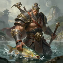 masterpiece portrait of the godly raidboss warrior fising in the lake by Ruan Jia and Greg Rutkowski