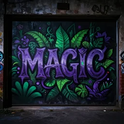Psychedelic graffiti on the garage wall Magic Jungle. Colours - black, purple shades, dark green. Cinematic lightning, deep shadows. David Lozano. Resolution 4K.