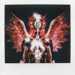 analog vintage photography shoulder level front portrait, digital art polaroid of a beautiful futuristic chrome female soul humanoid seraphim, red color bleed, heavy film grain, bloom, glow