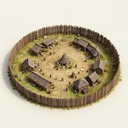 Aerial establishing shot of circular wooden-stake palisade containing an orc-village