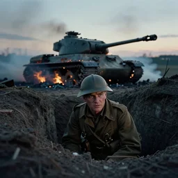 a photograph of a ww 2 soldier looking over a trench from behind. in the background there is a burned down sherman tank with smoke and fire at dusk by christopher nolan. cinematic shot. cinematography. detailed. hq. in - frame. imax. anamorphic film. anamorphic bokeh!!. helios 4 4 m.