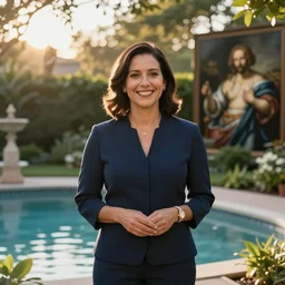 Alexandria Ocasio-Cortez, by a pool, golden hour, in a garden, artstation, by J. C. Leyendecker and Peter Paul Rubens,