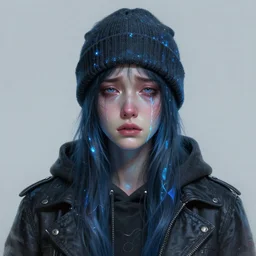 portrait of a crying ai artist, detailed clothing, beanie, concept art, artstation, detailed luminescent digital painting by alan lee and artgerm johanna martine giger!!!!!!!!!!, exquisite masterpiece