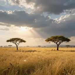 distant cyberpunk wildlife on the african plains, long grass, acacia trees, sparkling water, glistening, dramatic clouds, sunny, golden hour, extreme weather, hyper realistic, hyper detailed, digital art, trending in artstation, cinematic lighting, vibrant, studio quality, smooth render, unreal engine 5 rendered, octane rendered, by jesper ejsing, wlop, paul lehr