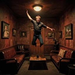 twin peaks black lodge interior, with jumping man, the arm, and bob, vivid, lynchian, optical illusion