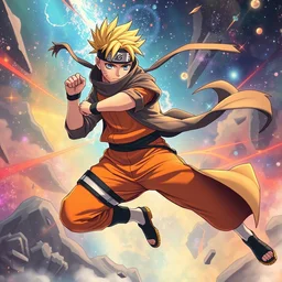 anime fighter naruto with flowing energy traveling universe high detail vivid full body