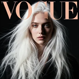 dramatic portrait by steve mccurry of a beautiful young woman with long flowing white hair. soft features. high fashion photography. cover of vogue magazine. high contrast chiaroscuro lighting,