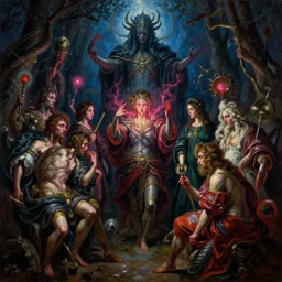 baroque oil painting of a ritual!!! different realm, cinematic, dark fantasy, acrylic palette knife, high detail, hyper realism, 4 k resolution, 8 k resolution, full hd, neon, realistic painting by junji ito, laurie lipton and michael whelan