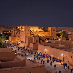 in the middle of a adobe house kasbah town, mud and brick houses, merchant street, pueblo architecture, colorful crowd, festival. Scenic view at night, underexposed, clean horizon, matte painting by raphael lacoste and marc simonetti and craig mullins and Anato_Finnstark, trending on artstation, 4k, intricate details